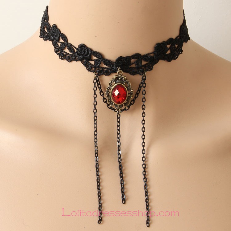 Lolita Retro Gem Tassel Lace Necklace