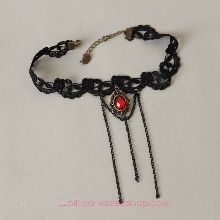 Lolita Retro Gem Tassel Lace Necklace