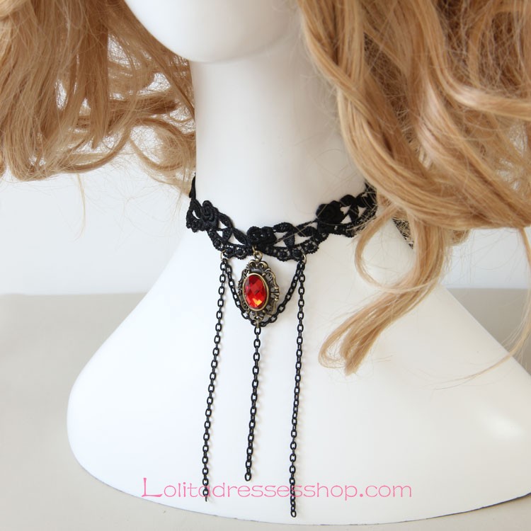 Lolita Retro Gem Tassel Lace Necklace