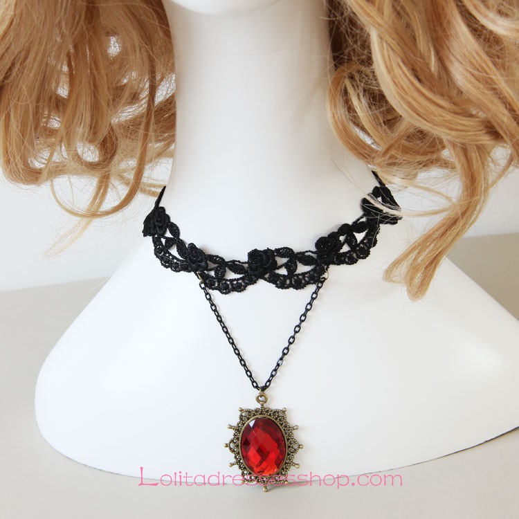 Lolita Retro Black Gem Lace Necklace