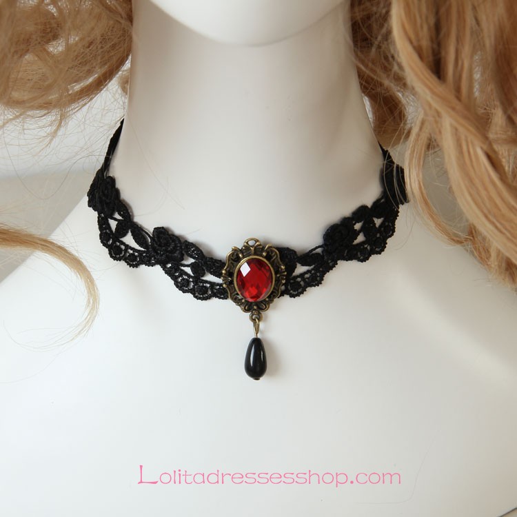 Lolita Fashion Black Lace Ruby Necklace