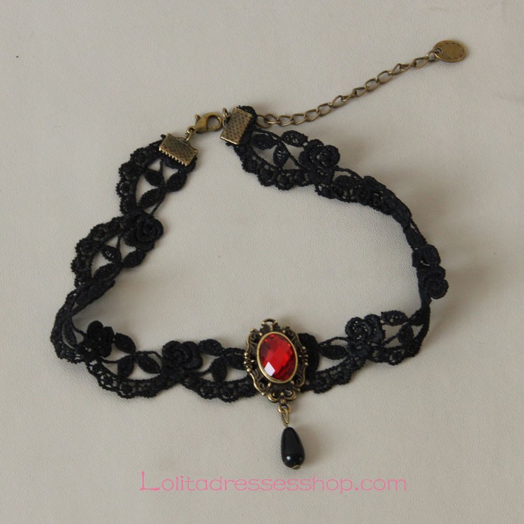 Lolita Fashion Black Lace Ruby Necklace