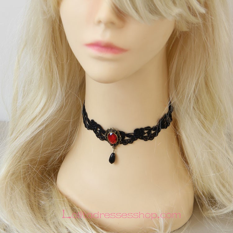 Lolita Fashion Black Lace Ruby Necklace