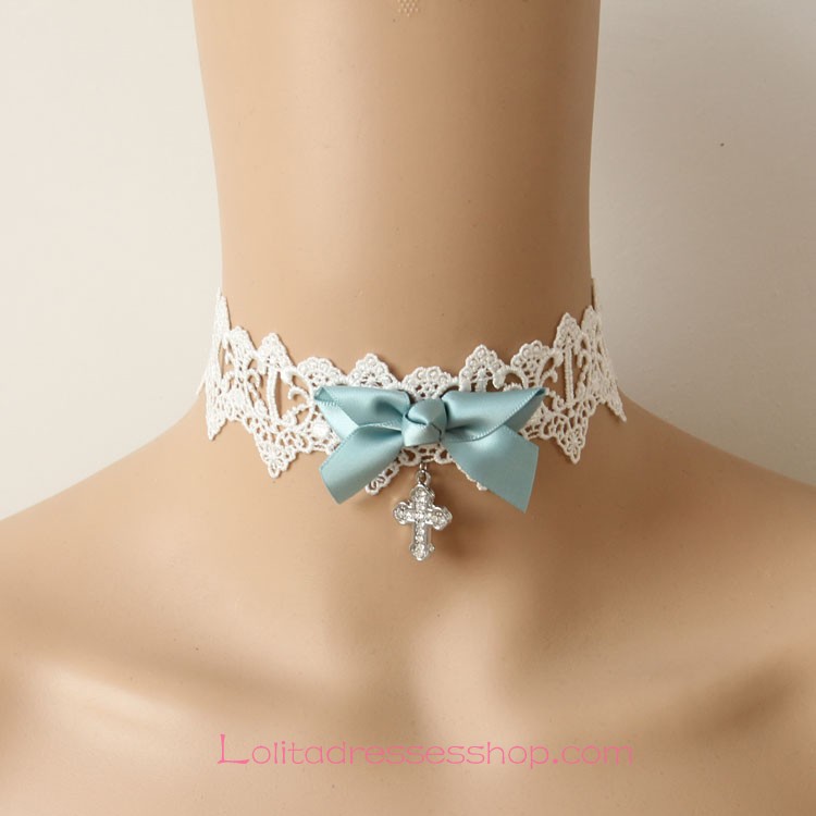 Lolita Small Fresh White Lace Cross Bow Necklace