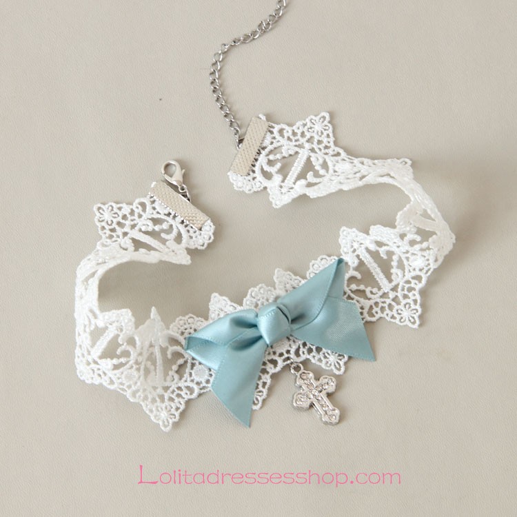 Lolita Small Fresh White Lace Cross Bow Necklace