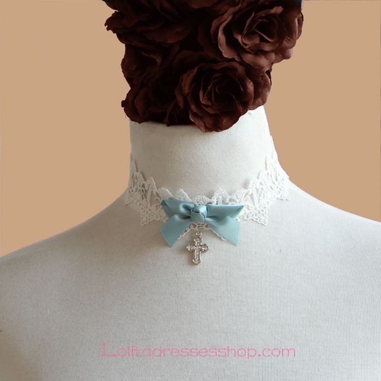 Lolita Small Fresh White Lace Cross Bow Necklace