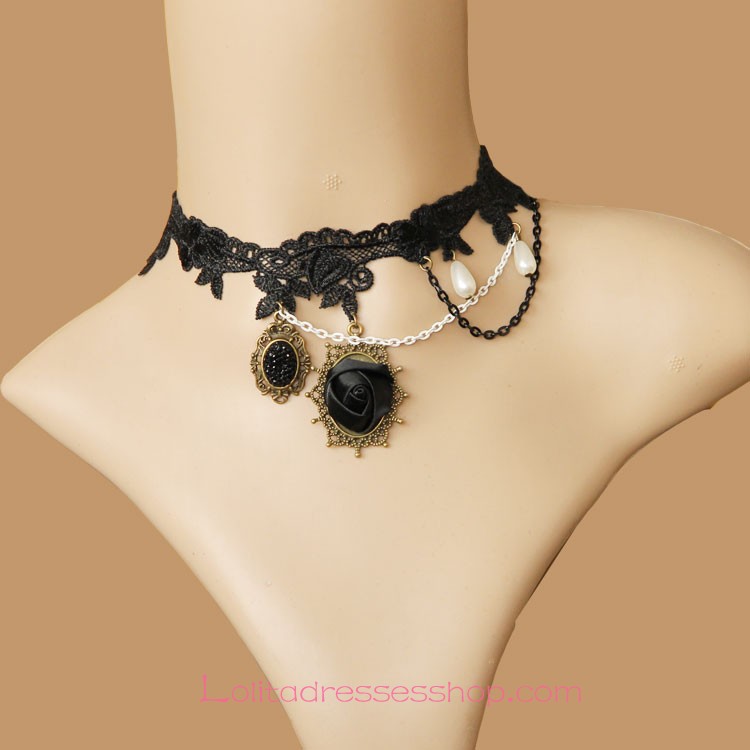 Lolita Black and White Rose Lace Pearl Necklace