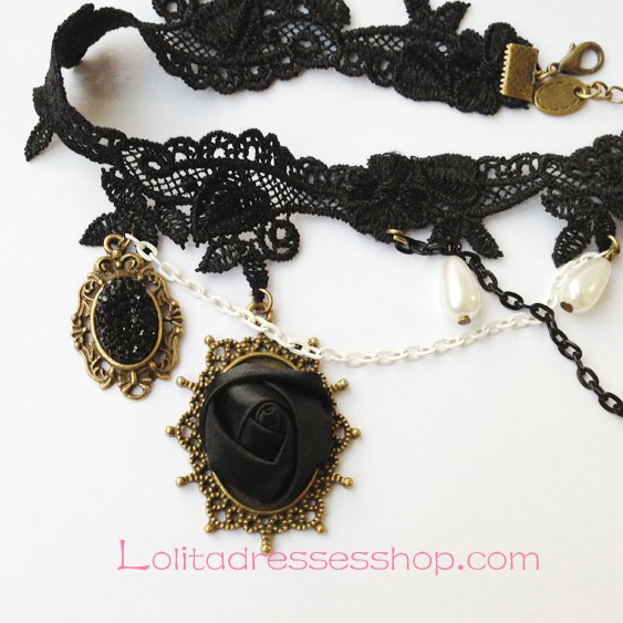 Lolita Black and White Rose Lace Pearl Necklace