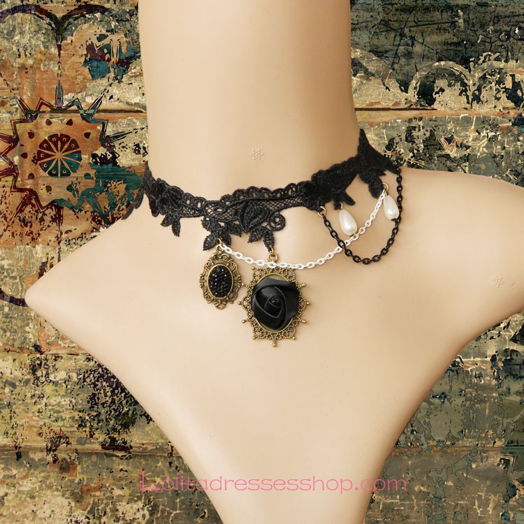 Lolita Black and White Rose Lace Pearl Necklace