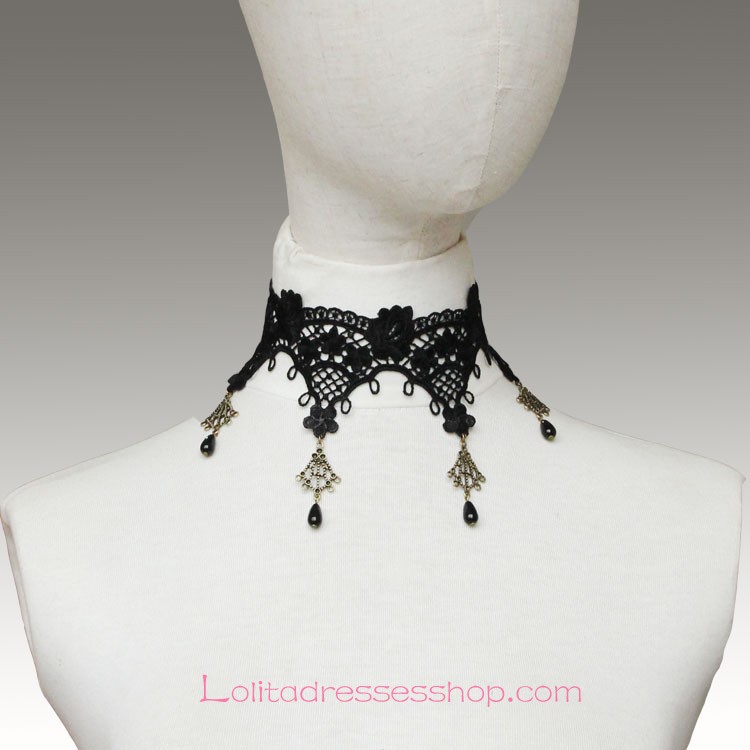 Lolita Black Lace Pearl Flowers Necklace