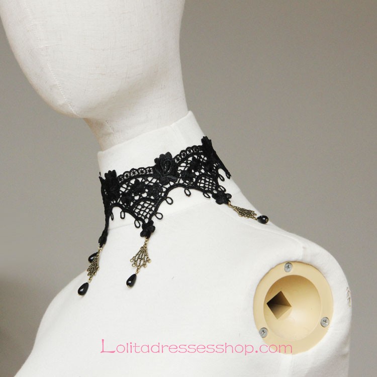 Lolita Black Lace Pearl Flowers Necklace