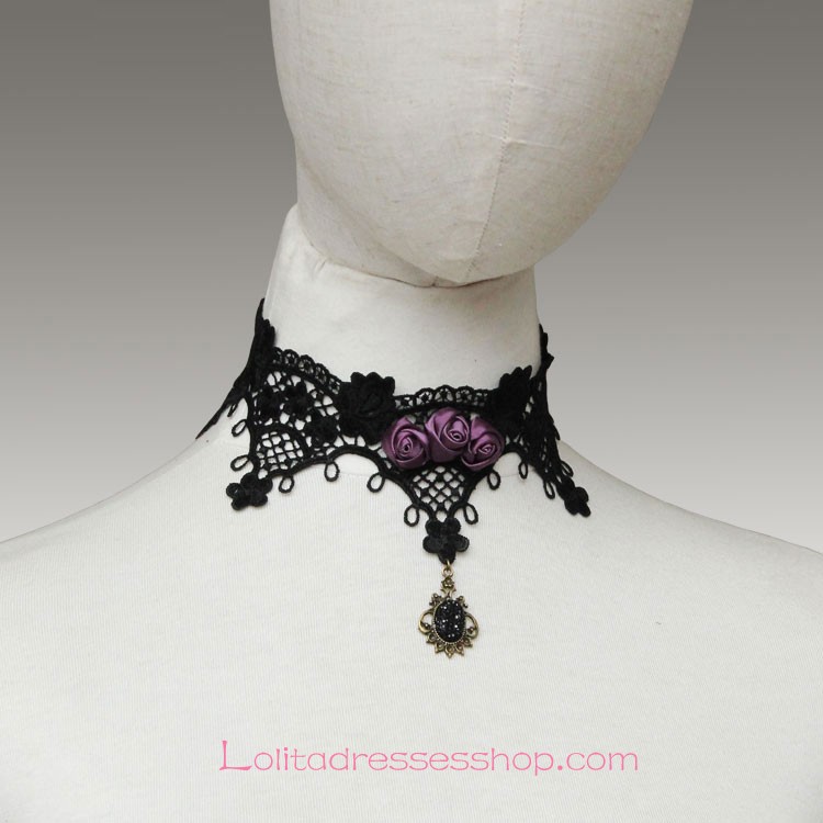 Lolita Gothic Black Lace Purple Roses Necklace