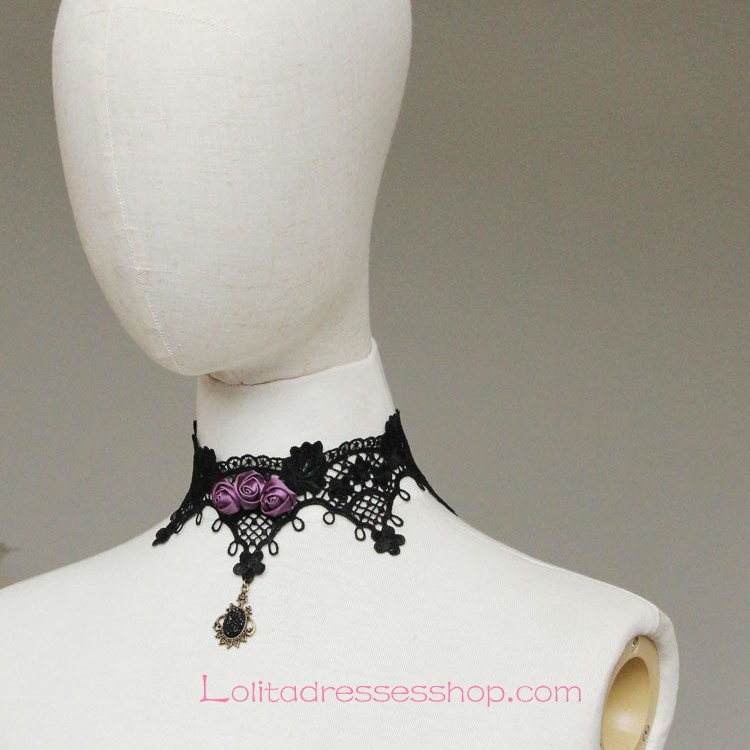 Lolita Gothic Black Lace Purple Roses Necklace