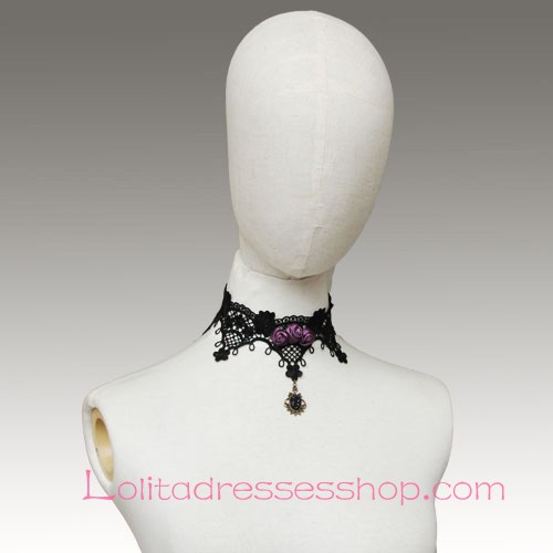 Lolita Gothic Black Lace Purple Roses Necklace