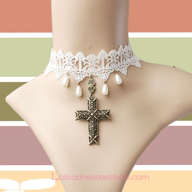 Lolita White Bridal Cross Pearl Lace Necklace