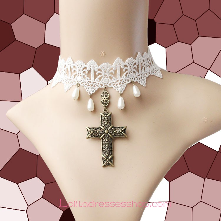 Lolita White Bridal Cross Pearl Lace Necklace