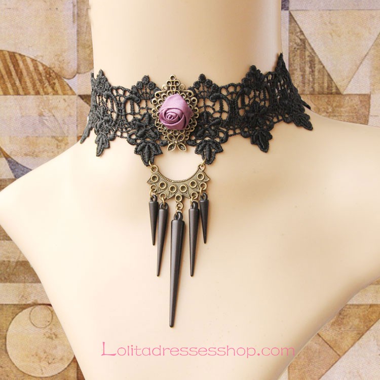 Lolita Punk Nightclub Sexy Black Lace Rose Tassels Necklace