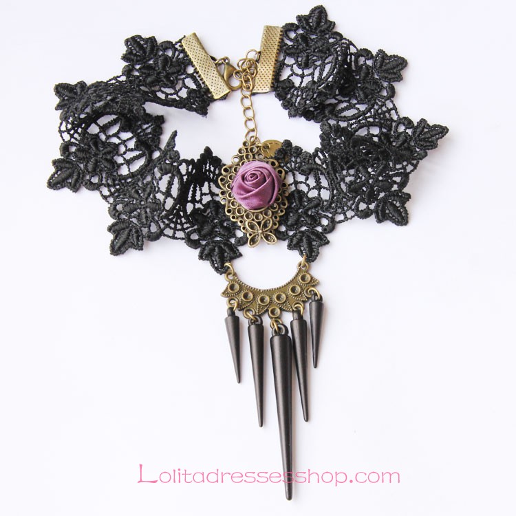 Lolita Punk Nightclub Sexy Black Lace Rose Tassels Necklace
