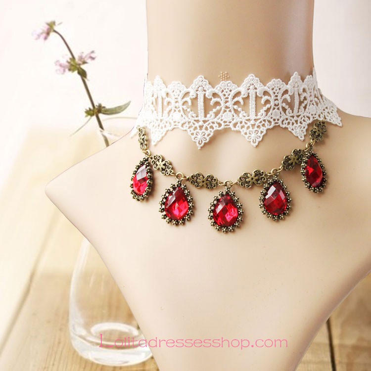 Lolita White Lace Bridal Fashion Red Gem Necklace
