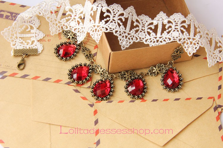 Lolita White Lace Bridal Fashion Red Gem Necklace
