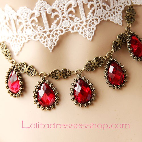 Lolita White Lace Bridal Fashion Red Gem Necklace