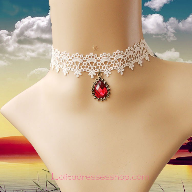 Lolita White Drop Lace Bridal Fashion Red Gem Necklace