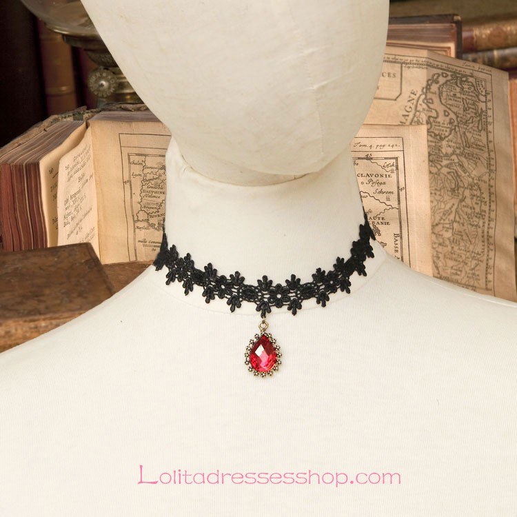 Lolita Black Drop Lace Bridal Fashion Red Gem Necklace