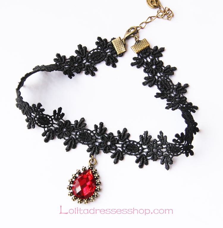 Lolita Black Drop Lace Bridal Fashion Red Gem Necklace
