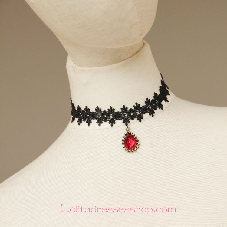 Lolita Black Drop Lace Bridal Fashion Red Gem Necklace