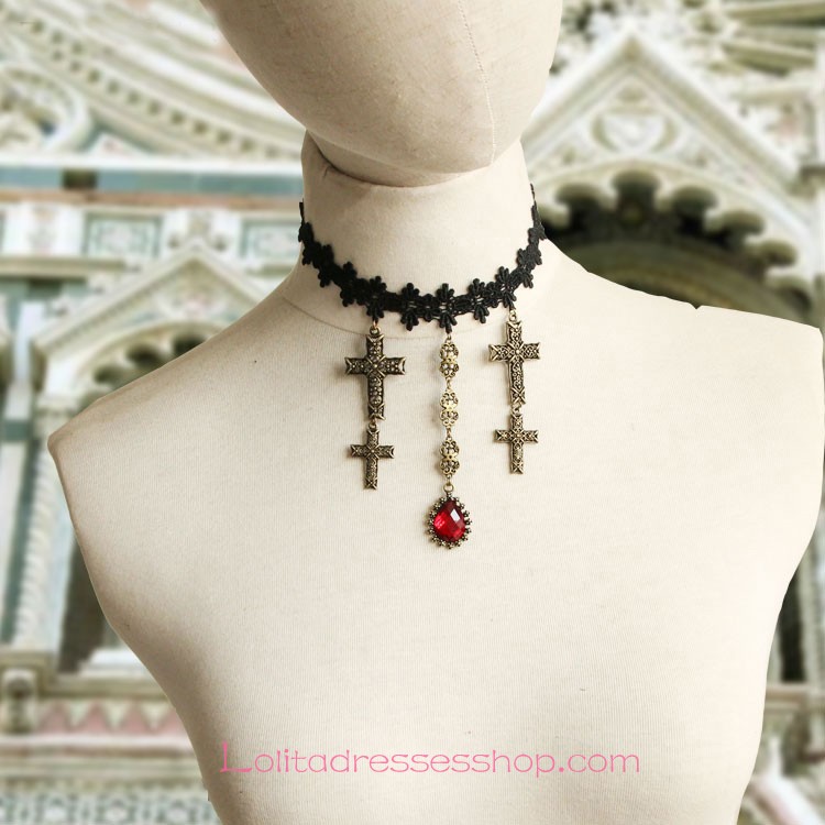 Lolita Black Drop Lace Bridal Fashion Red Gem Cross Necklace