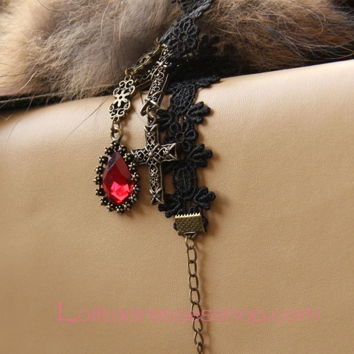 Lolita Black Drop Lace Bridal Fashion Red Gem Cross Necklace