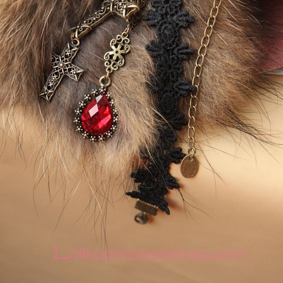 Lolita Black Drop Lace Bridal Fashion Red Gem Cross Necklace