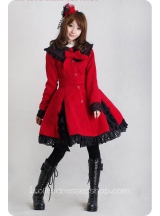 Red Wool Blended Woolen Doll Collar BlackLace Trim Button Bow Lolita Coat 