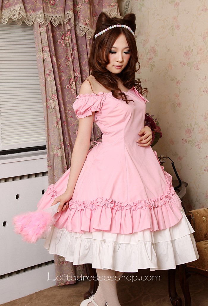 Pink Sweetheart Puff Sleeves Knee-length Ruffles Classic Lolita Dress