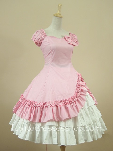 Pink Sweetheart Puff Sleeves Knee-length Ruffles Classic Lolita Dress