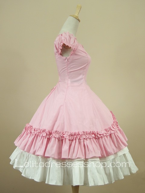 Pink Sweetheart Puff Sleeves Knee-length Ruffles Classic Lolita Dress