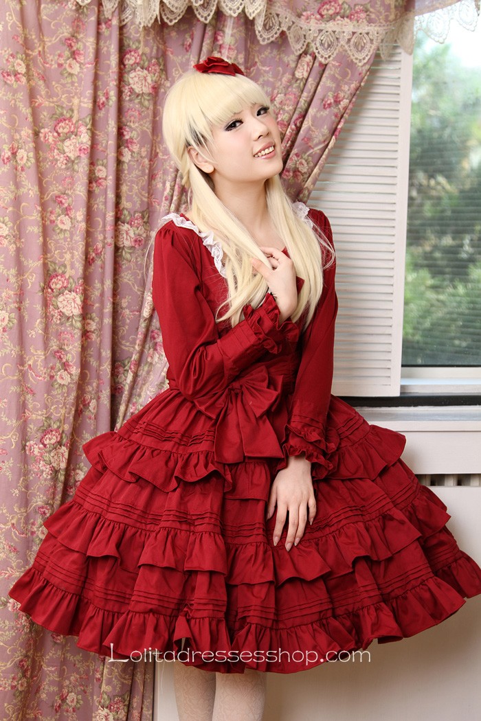 Original Retro Alice long sleeve Wine Red Flounced Classic Lolita Dress