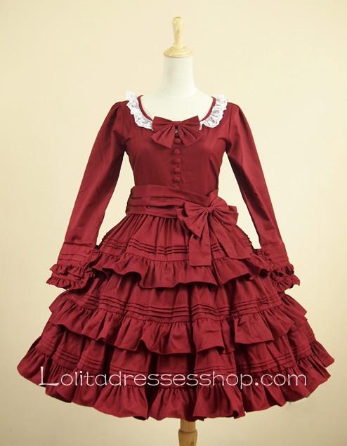 Original Retro Alice long sleeve Wine Red Flounced Classic Lolita Dress