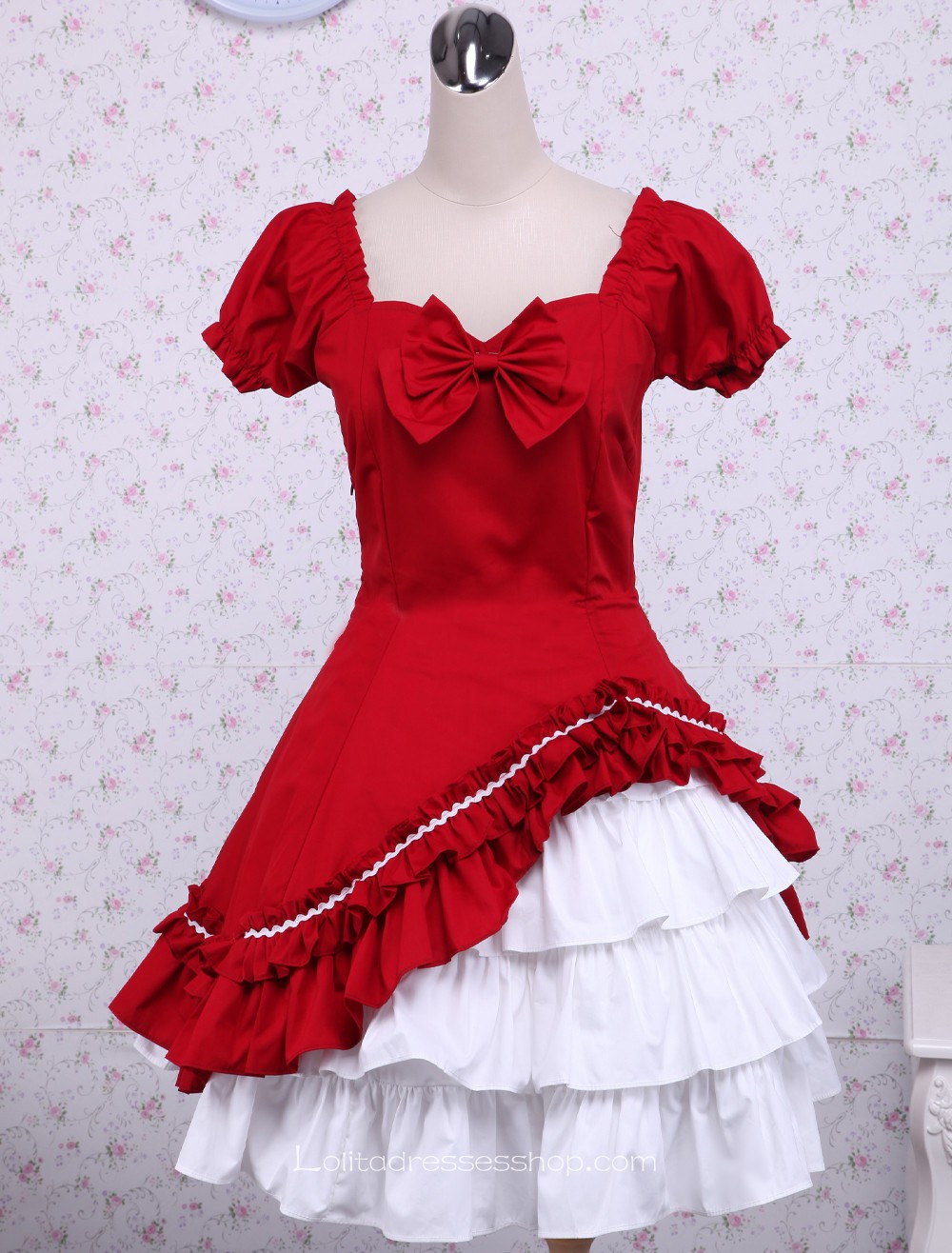 Pop Red Two-layer Bow Short Sleeves Classic Lolita Dress