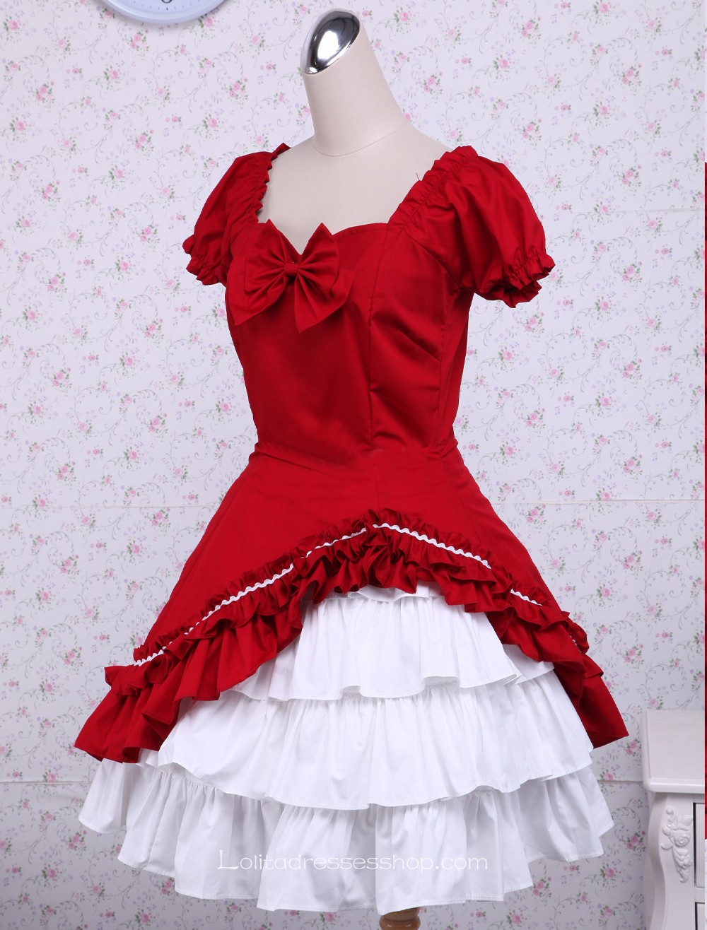 Pop Red Two-layer Bow Short Sleeves Classic Lolita Dress