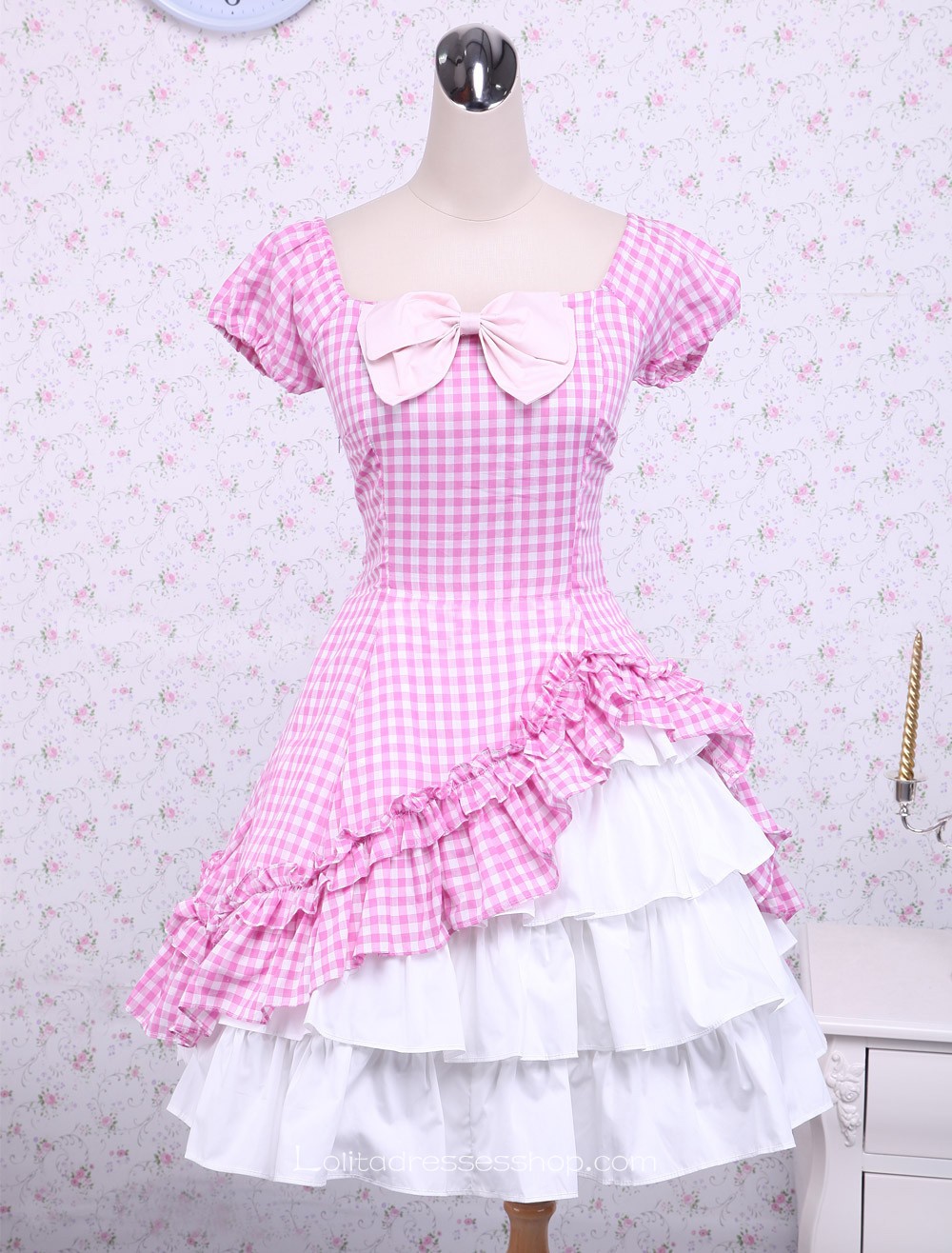 Lovely Pink Checked Bow Short Sleeves Cotton Classic Lolita Dress