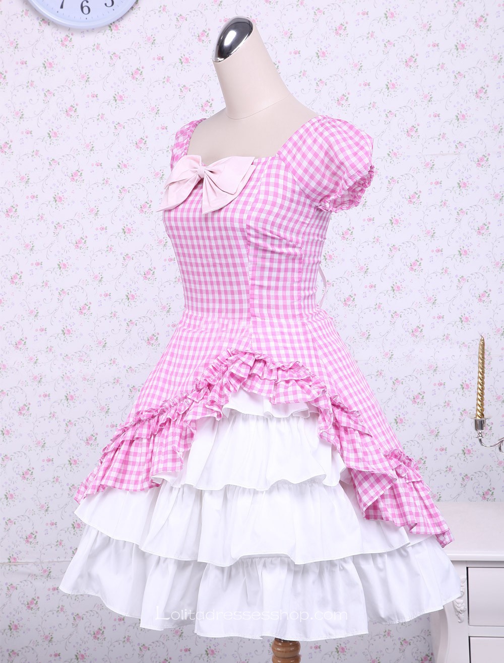 Lovely Pink Checked Bow Short Sleeves Cotton Classic Lolita Dress