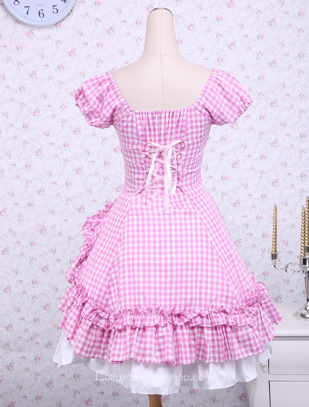 Lovely Pink Checked Bow Short Sleeves Cotton Classic Lolita Dress