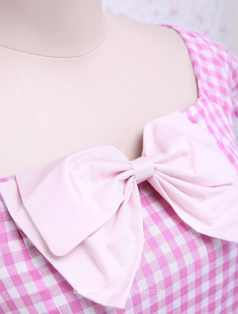 Lovely Pink Checked Bow Short Sleeves Cotton Classic Lolita Dress