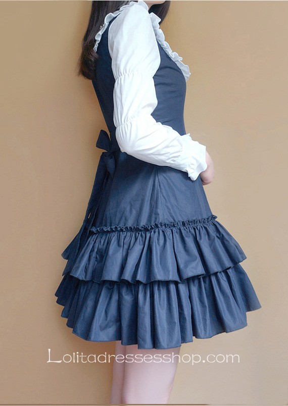 Dark Blue Cotton Stand Collar Long Sleeves Ruffles Bow Classic Lolita Dress