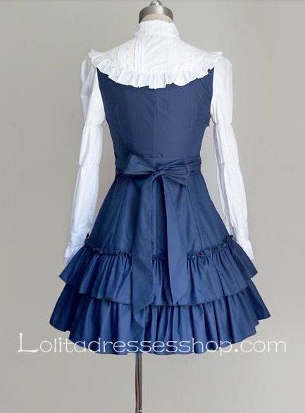 Dark Blue Cotton Stand Collar Long Sleeves Ruffles Bow Classic Lolita Dress