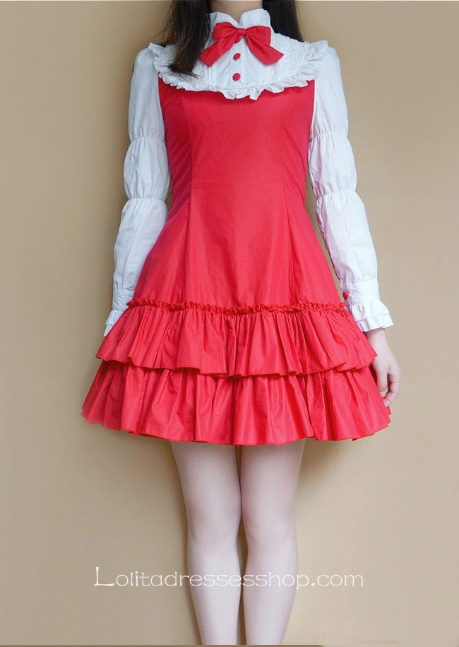 Red Cotton Stand Collar Long Sleeves Ruffles Bow Classic Lolita Dress