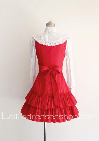 Red Cotton Stand Collar Long Sleeves Ruffles Bow Classic Lolita Dress