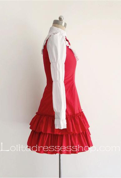 Red Cotton Stand Collar Long Sleeves Ruffles Bow Classic Lolita Dress