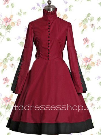 Dark Red Cotton Stand Collar Long Sleeves Buttons Bows Classic Lolita Dress